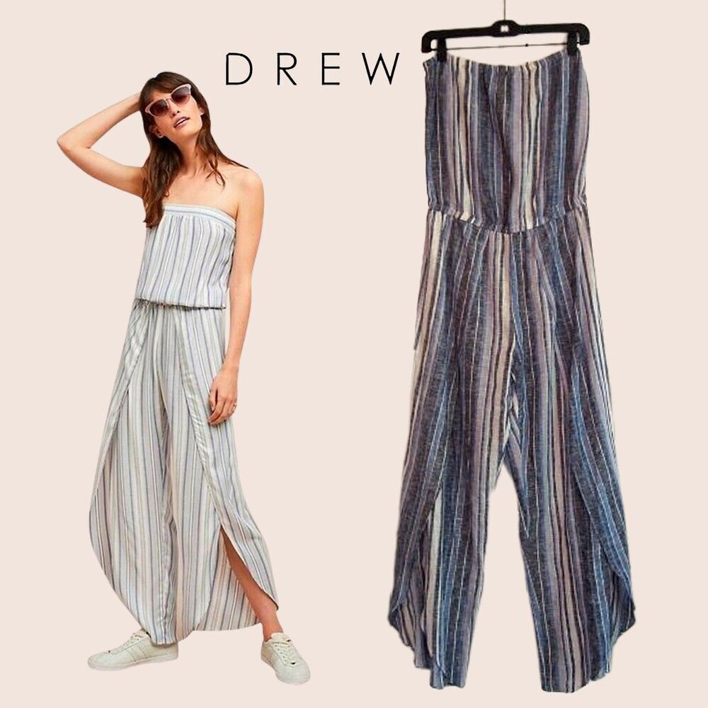 DREW by Anthropologie M NEW Striped Bandeau Linen Blend Side Slit Jumpsuit
